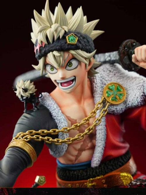 Upper-body view of Asta grinning beneath spiked hair, with a raised katana hand, fur collar and gold-colored chest chains.