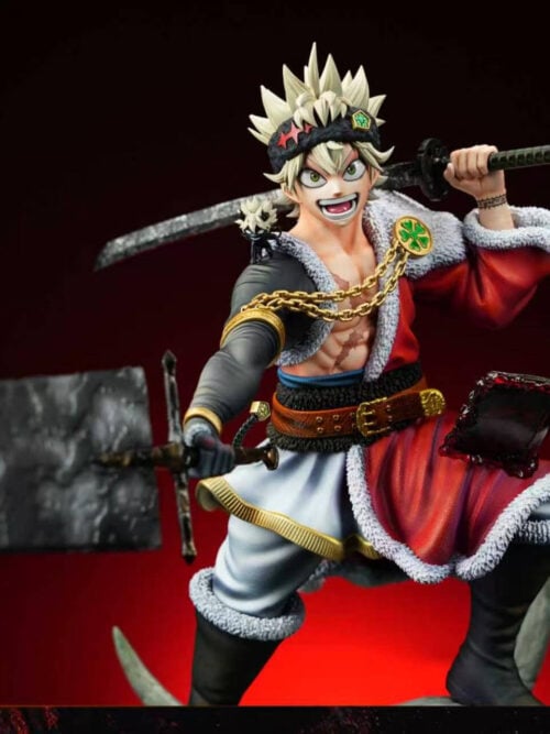 Asta extends a broad sword while resting a katana across his shoulders, with an open dark book beside his red outfit.