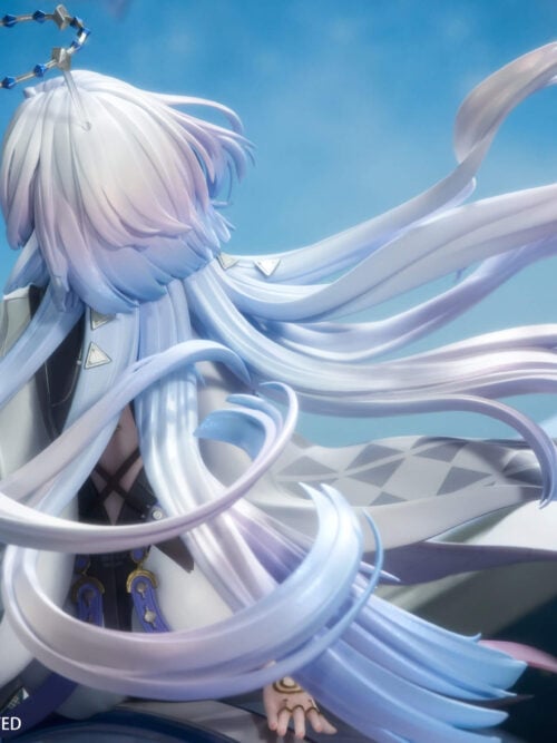 Rear close-up of Mornye's layered pale hair with blue and lavender shading, curling strands and ring ornament.