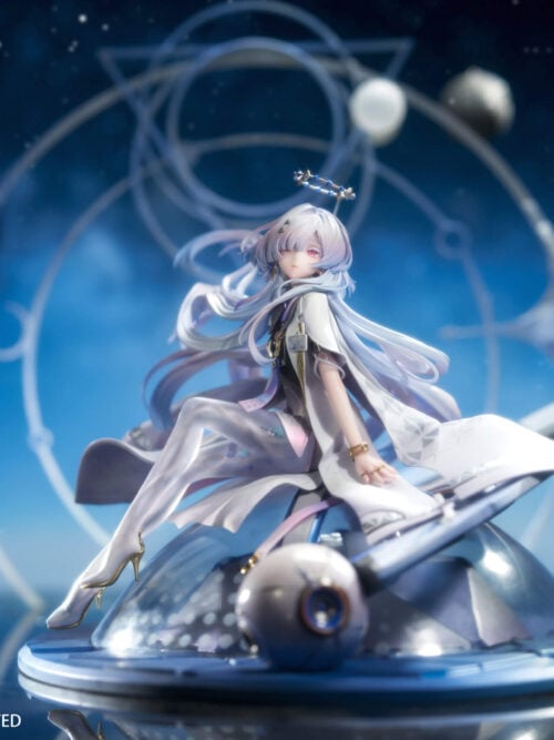 Mornye seated with crossed legs on a blue domed base, wearing a flowing white coat beneath a ring-shaped ornament.