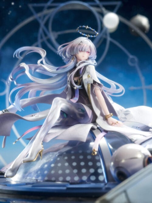 Wide front view of Mornye seated on a blue domed base, with curling pale hair and a white coat against a celestial backdrop.