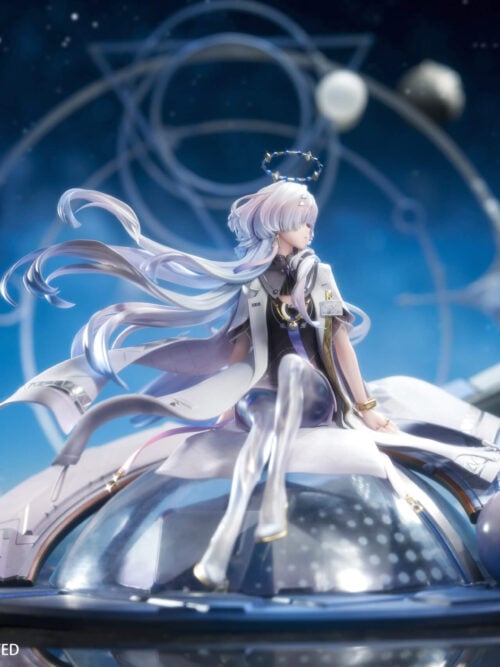 Front display view of Mornye looking to the side, with long hair sweeping left above a blue domed base and silver sphere.
