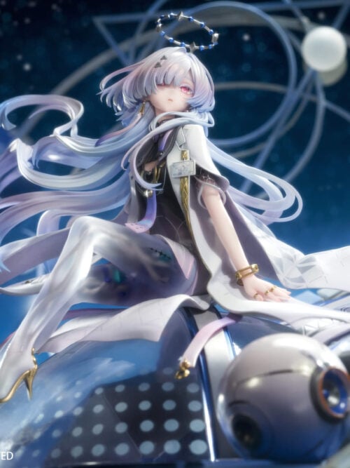 Low-angle view of seated Mornye with a ring ornament, flowing hair, crossed legs and a silver sphere beside the blue dome.