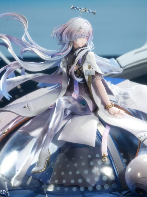 Elevated view of Mornye's crossed-leg pose, sweeping pale hair and white coat above a blue dome with a silver sphere.