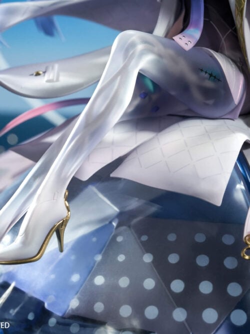 Detail of Mornye's crossed legs, gold-trimmed heels, patterned coat panels and dotted blue domed base.