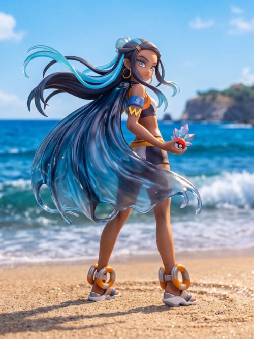 Nessa figure looking over her shoulder with a translucent blue cape, flowing blue-streaked hair and a Poké Ball against a beach backdrop.
