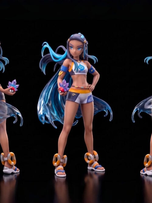 Three views of the same Nessa figure showing her athletic outfit, Poké Ball, translucent blue cape and sandals with life-ring details.