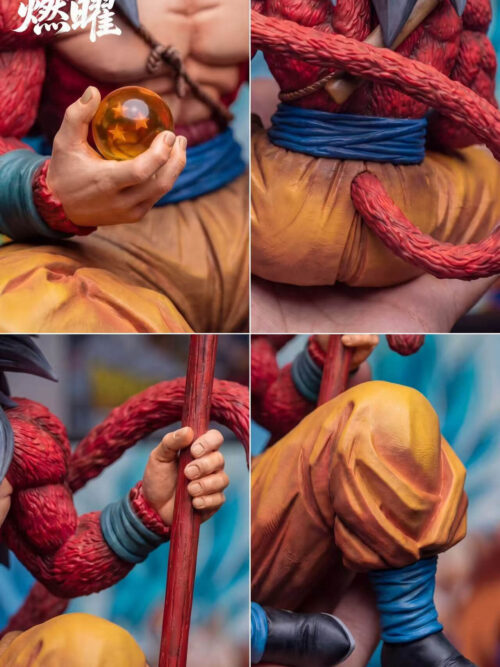 Four close-ups of Son Goku's orange Dragon Ball, blue waist belt and red tail, staff-holding hand, and yellow trousers with black boots.