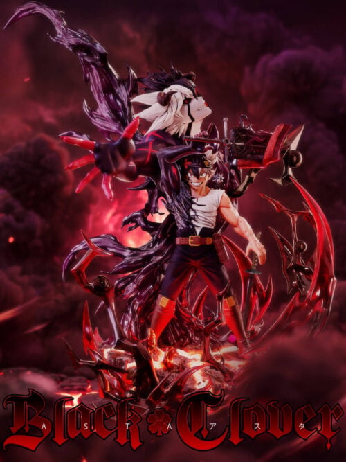 Asta with small Liebe on his shoulder and a large Liebe behind him, surrounded by red-and-black effects against a smoky backdrop.