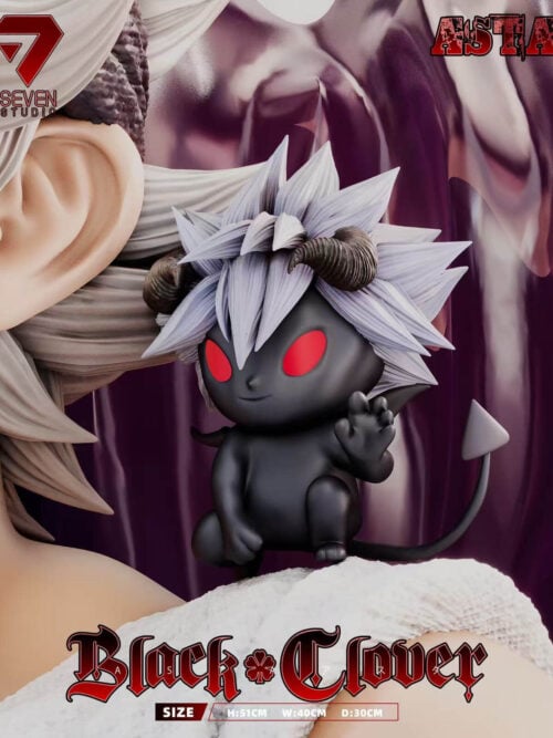 Close-up of small Liebe on Asta's shoulder, showing pale spiky hair, curved horns, red eyes, a raised hand and pointed tail.