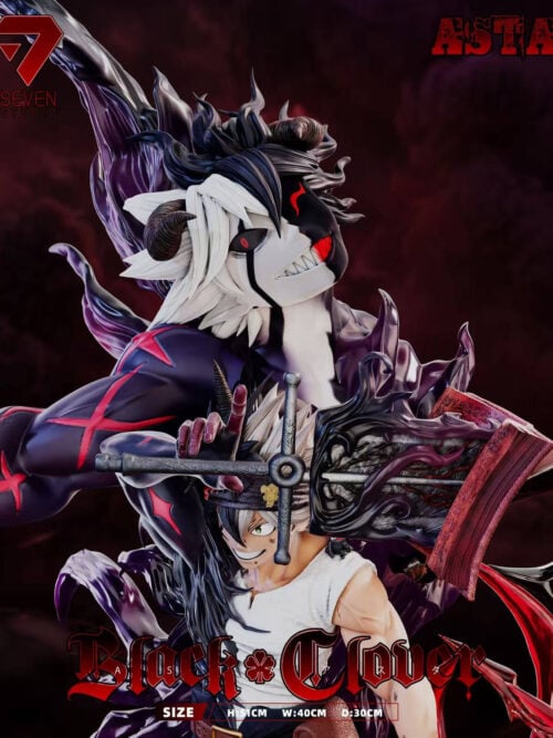 Large Liebe's horned, black-and-white face above Asta, with red markings, purple effects and the sword beside an open grimoire.