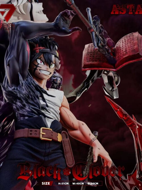 Low-angle detail of Asta's raised blackened arm, smiling face, belt pouch and open grimoire, with small Liebe beside his head.