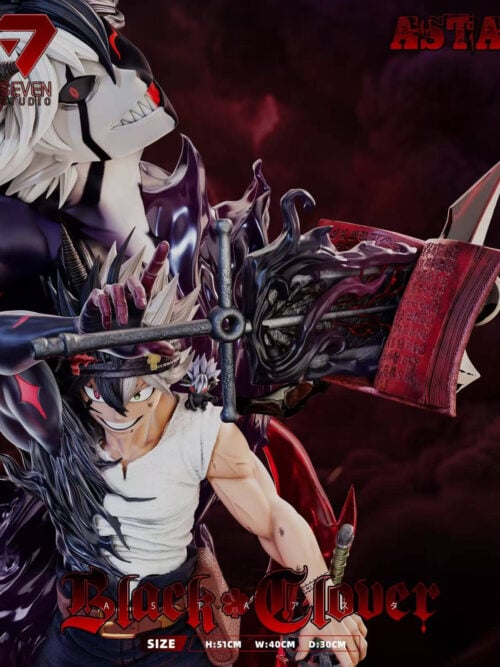 Angled close-up of Asta beneath a sword and open red grimoire, with small Liebe on his shoulder and large Liebe behind.