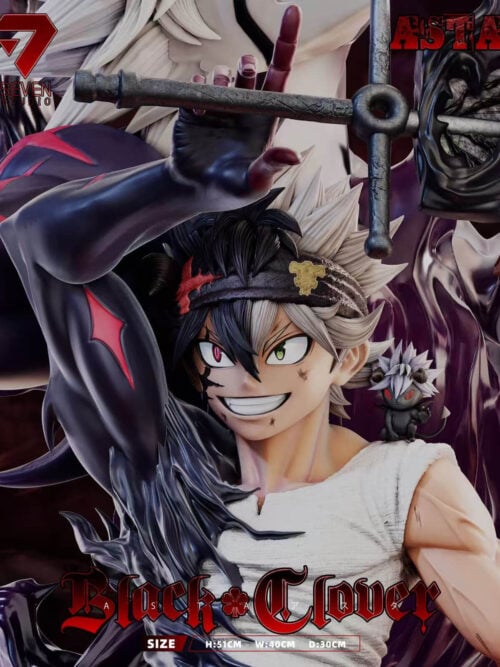 Close-up of Asta's grin, contrasting eyes and raised blackened arm, with small Liebe perched on his shoulder beneath a sword hilt.