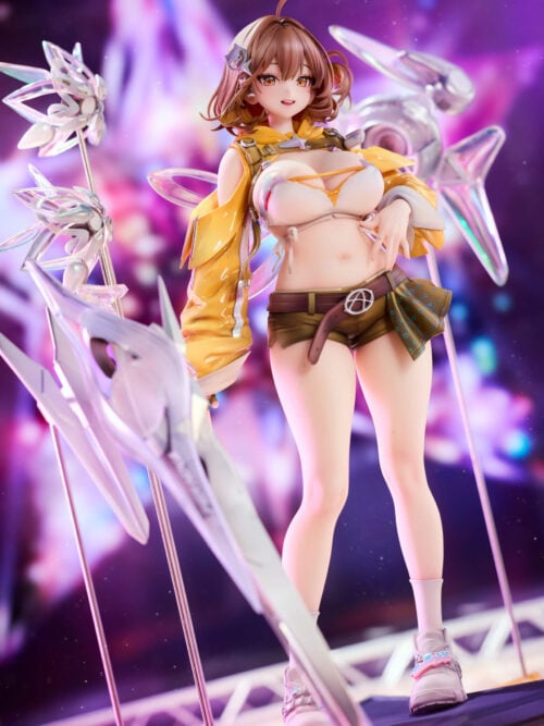 Low-angle front view of Anis in a yellow jacket, white top and olive shorts, with white platform sneakers and silver mechanical forms.