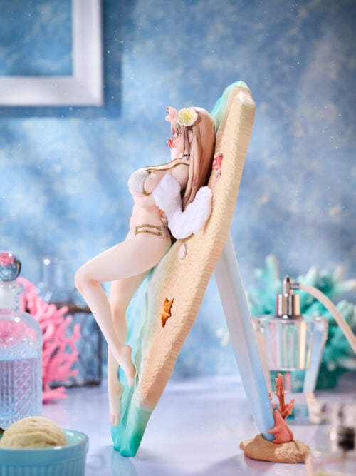 Side view of Fuyuyama Asako showing the tilted shoreline backdrop and its rear support with a sand-textured foot and coral decorations.