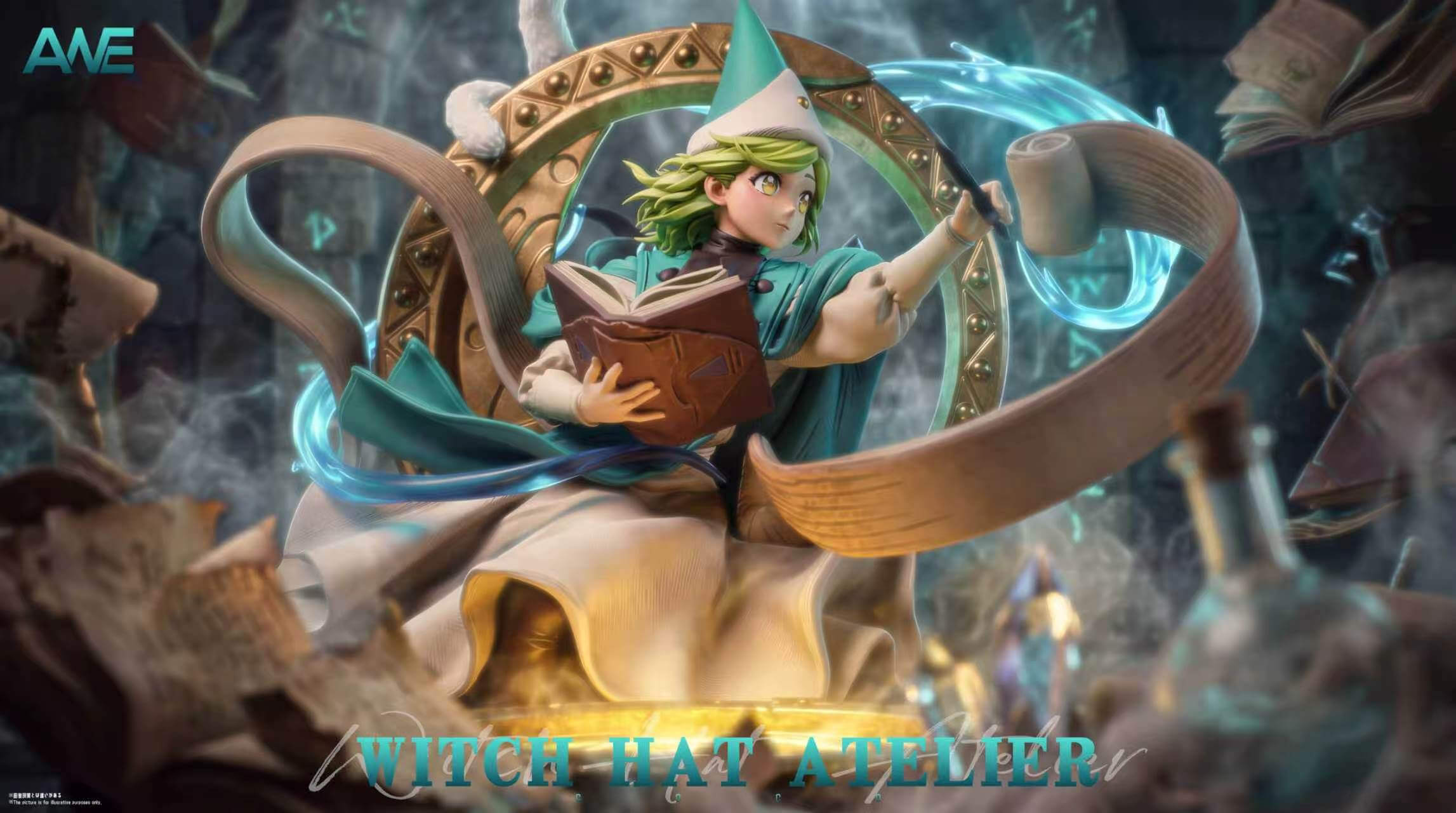ANE Studio Coco - Atmospheric Promotional View Coco holding an open book and reaching toward a curling scroll, framed by a gold-toned ring and blue effects in a library-themed scene.