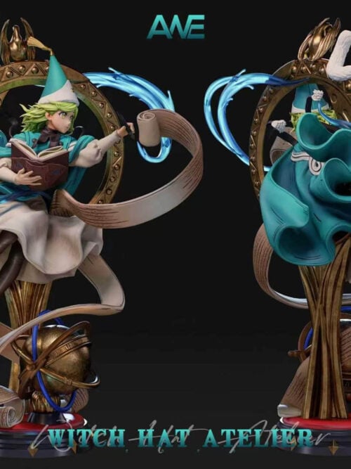 Front and rear views of the same Coco statue, showing a teal cape, curling scrolls, gold-toned circular frame and ringed globe above the base.