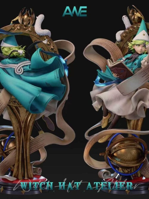 Rear and angled front views of the same Coco statue, showing the flowing teal cape, spiral scrolls, blue effects and ringed globe.
