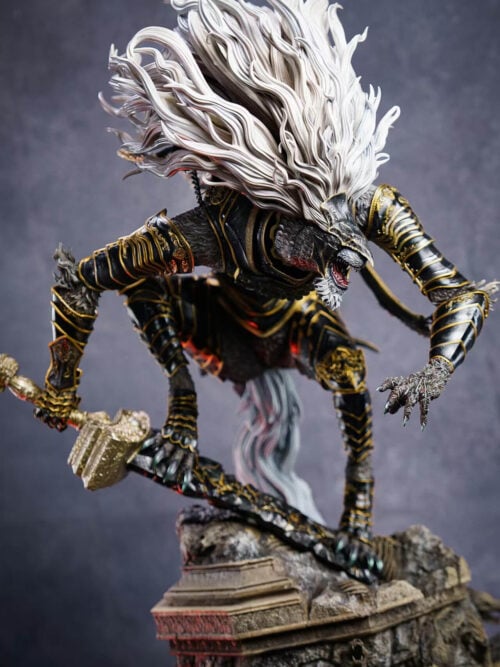 Maliketh crouching with a swept white mane, black-and-gold armor and a sword above ruined masonry.