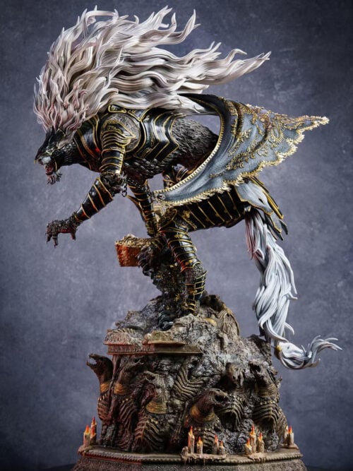 Full side view of Maliketh crouching above a ruined beast-relief base, with a white mane, patterned cape, long tail and sword.