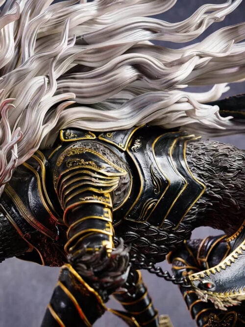 Side close-up of Maliketh's open jaws, flowing white mane, black-and-gold shoulder armor and patterned cape.