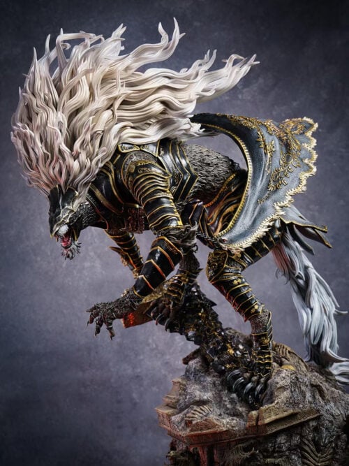 Side three-quarter view of crouching Maliketh with a sweeping white mane, patterned cape, sword and partial ruined base.