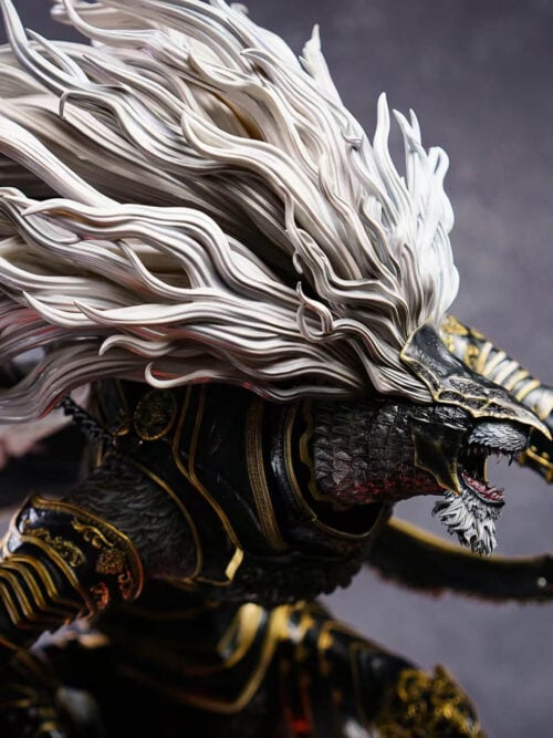 Maliketh's flowing white mane above a snarling profile, layered black-and-gold armor and reaching claw.