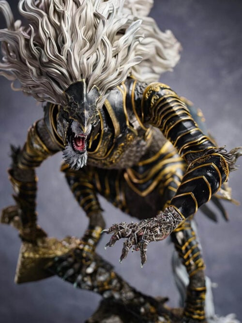 Close view of Maliketh's open jaws, white mane and outstretched claw beneath black-and-gold arm armor.
