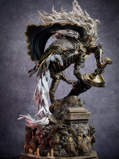 Rear three-quarter view of Maliketh with a curved cape, long white tail and sword above a skeletal beast-relief base.