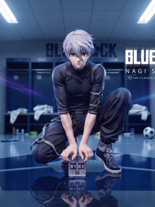 Peak Studio Seishiro Nagi crouching in a black outfit with both hands on a numbered prop, against a blue locker-room backdrop.