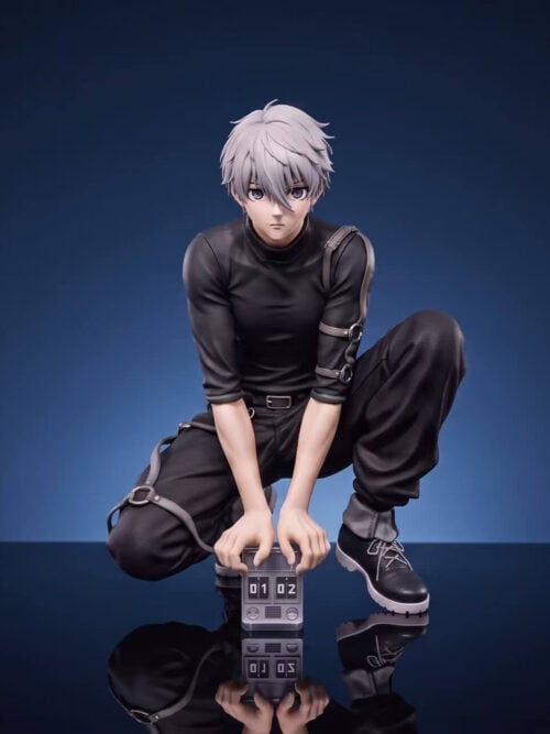 Front view of Peak Studio Seishiro Nagi in a black strapped outfit, crouching with both hands on a prop marked 01 and 02.