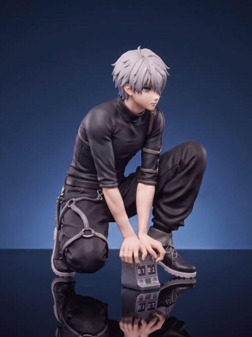 Three-quarter view of Peak Studio Seishiro Nagi showing pale layered hair, gray thigh straps, lace-up boots and a numbered prop.