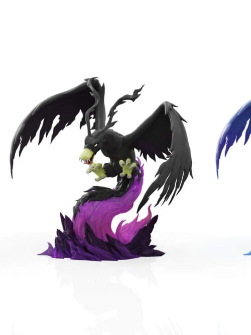 Side-by-side render comparison of orange Birdramon, black Saberdramon and blue Saberdramon on flame bases, with a 13.5 cm height marker.