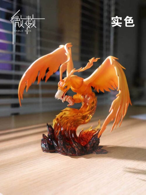 Orange opaque Birdramon color sample with spread wings and raised claws above curling flames and a jagged rock base.