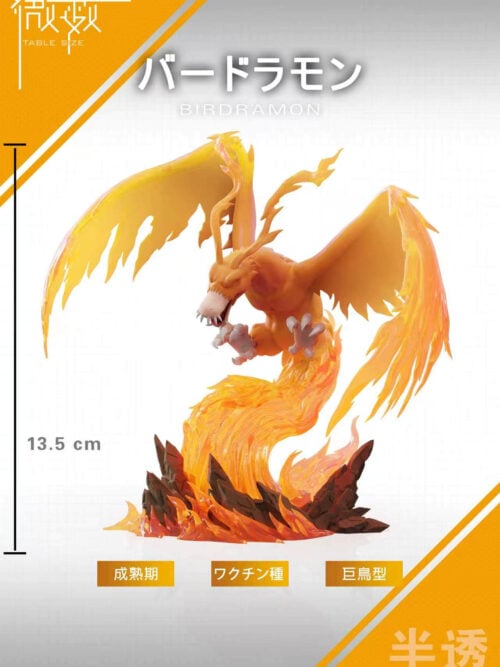 Dimension card showing semi-transparent orange Birdramon above a flame-and-rock base, with a labeled height of 13.5 cm.