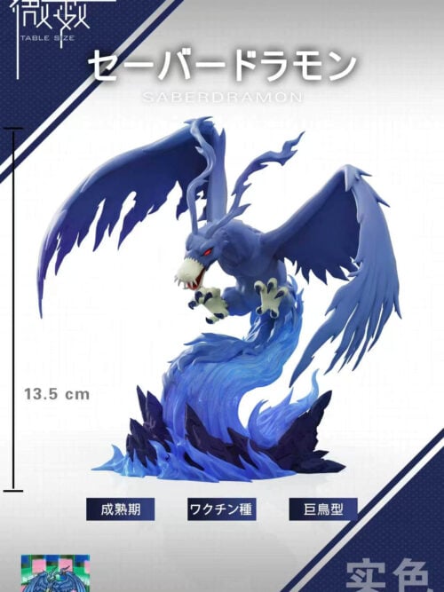 Dimension card showing opaque blue Saberdramon above blue flames, with a 13.5 cm height label and a game color-reference inset.
