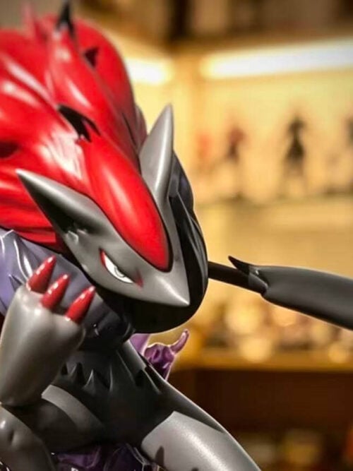 Close-up of Zoroark's narrowed eyes, raised red claws and sweeping red mane, with its other arm extended outward.