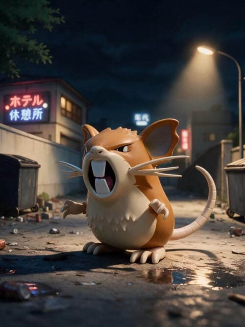 LD Studio Raticate with open jaws, raised forepaws, splayed whiskers and a curved pale tail against a nighttime alley backdrop.