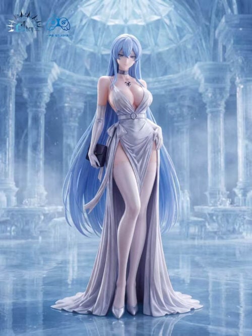 Esdeath in a silver evening gown with long blue hair, matching gloves and a black clutch, shown against an icy hall backdrop.