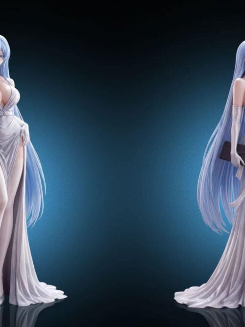 Front and three-quarter views of the same Esdeath statue, showing a silver gown, pooled train, long blue hair and black clutch.