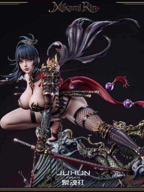 Mikami Rin Version A in an exposed-skin outfit with ornate armor, holding a sword low above the dragon and rooftop.