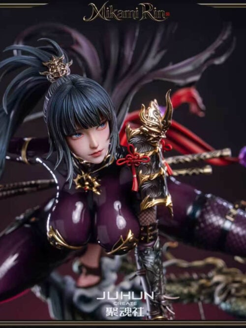 Mikami Rin Version B close-up with blue-black hair, gold-trimmed shoulder armor, a glossy purple suit and trailing red ribbons.