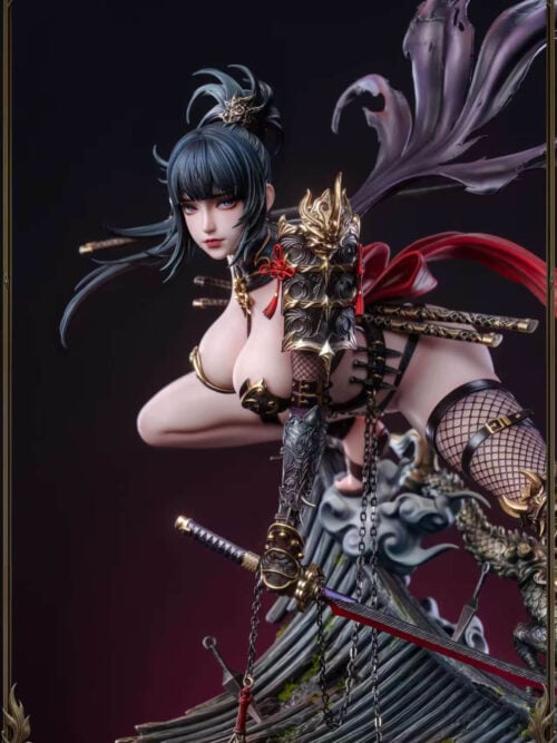 Close view of Mikami Rin Version A showing bold eye makeup, layered shoulder armor, hanging chains and a red-edged sword.