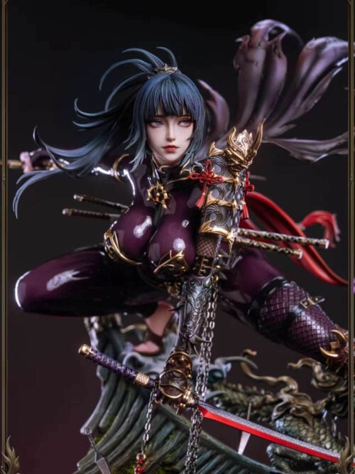 Close view of Mikami Rin Version B showing her face, glossy purple suit, ornate shoulder armor and lowered red-edged sword.