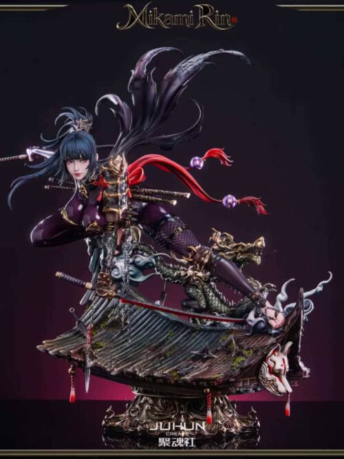 Mikami Rin in a glossy purple suit, crouching with two swords above a dragon and tiled rooftop base with a fox mask.