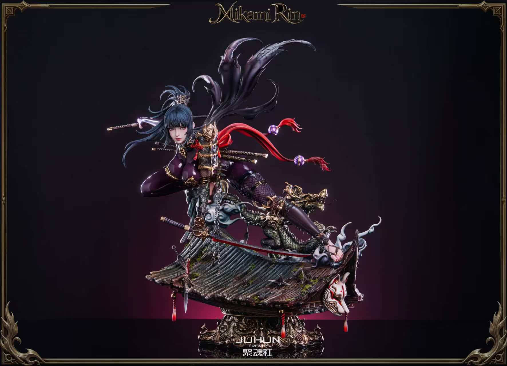 Mikami Rin Version B - Full Front View Mikami Rin in a glossy purple suit, crouching with two swords above a dragon and tiled rooftop base with a fox mask.