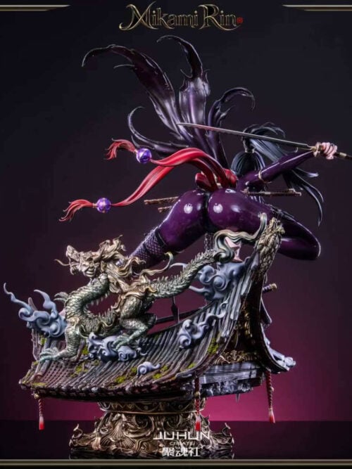 Rear view of Mikami Rin Version B with a raised sword, torn cape and red ribbons above a dragon-covered tiled rooftop base.