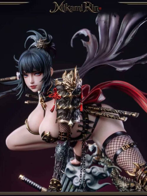 Mikami Rin Version A close-up with bold eye makeup, gold-trimmed shoulder armor, a torn purple cape and flowing red ribbons.