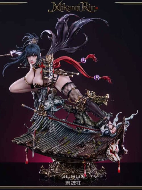 Full front view of Mikami Rin Version A crouching above a tiled rooftop with a coiling dragon, pale clouds and a hanging fox mask.